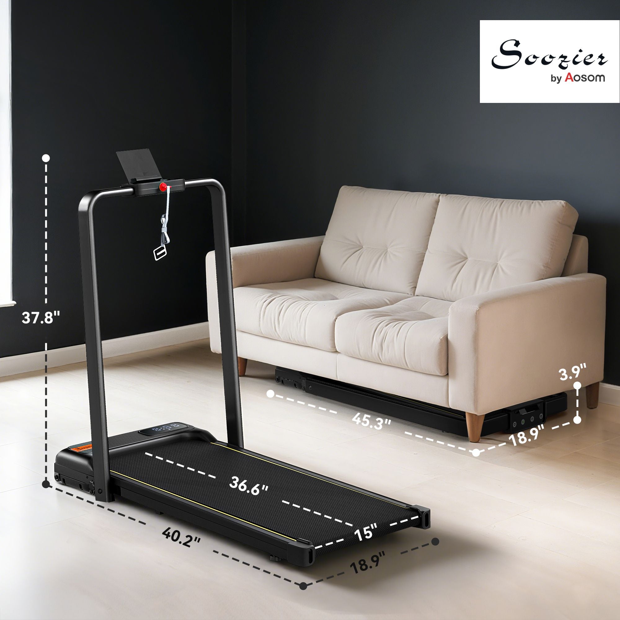 Soozier Foldable Under-Desk Walking Pad Treadmill with Incline and Remote - product view 3