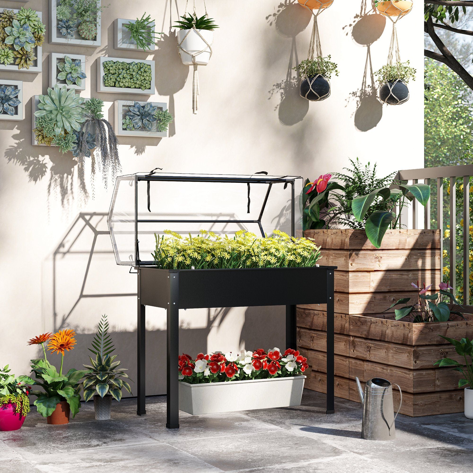 Outsunny Elevated Raised Garden Bed with Greenhouse Cover, Black