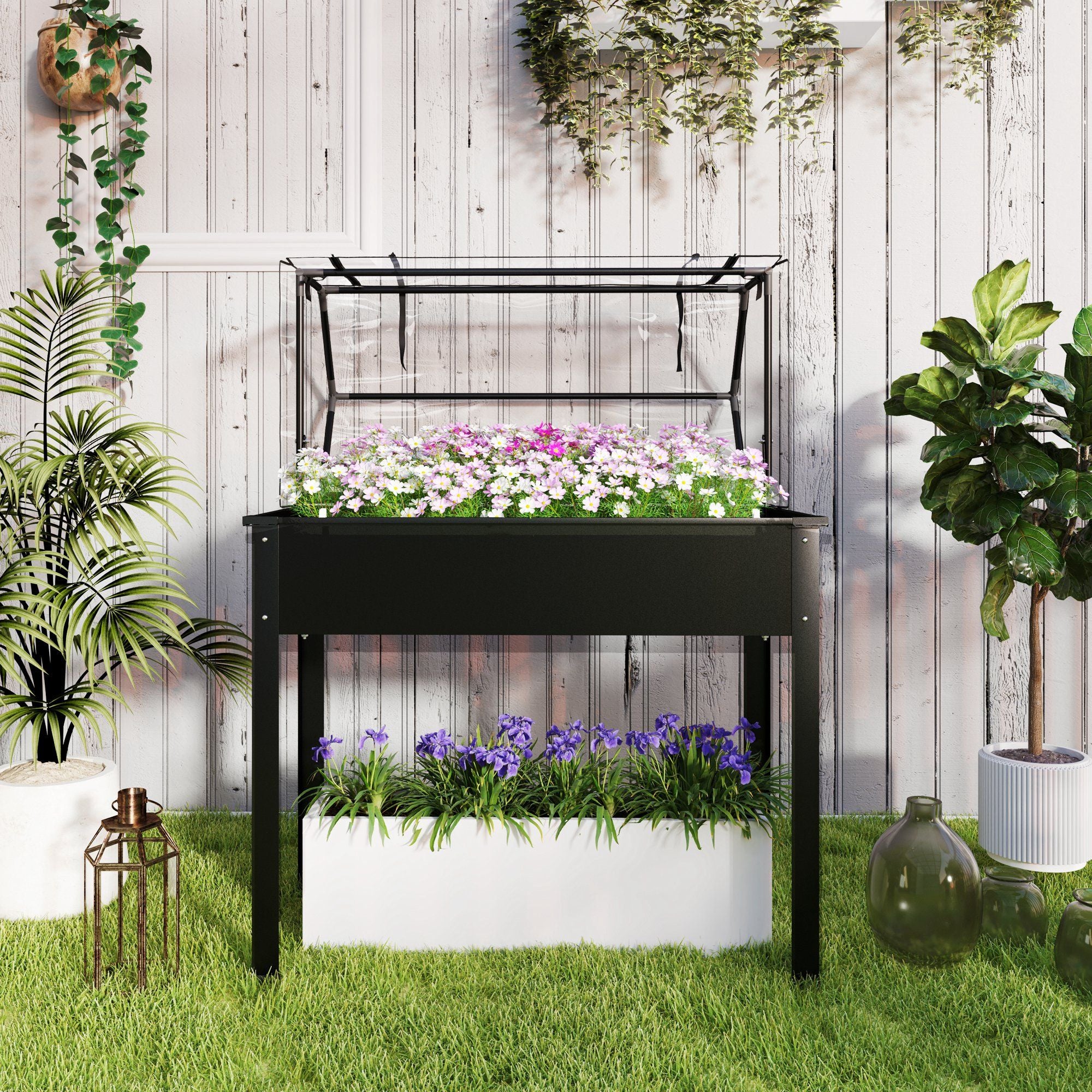 Outsunny Elevated Raised Garden Bed with Greenhouse Cover, Black