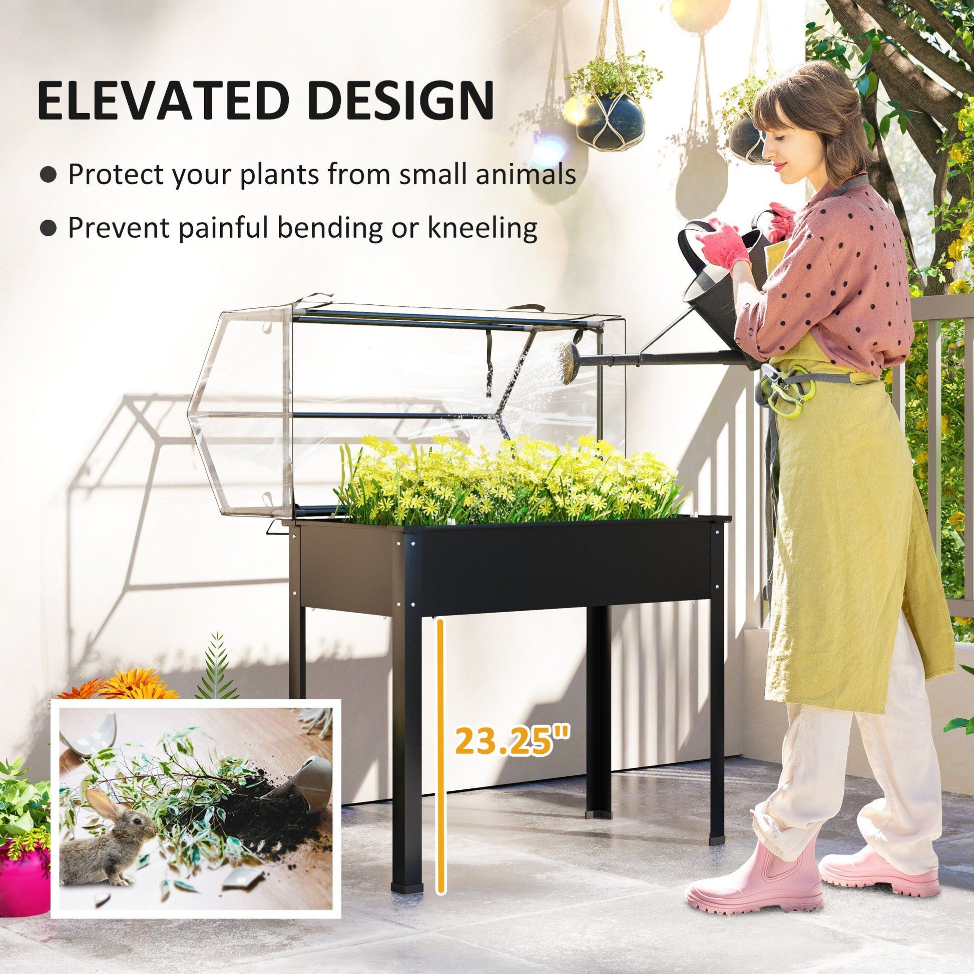Outsunny Elevated Raised Garden Bed with Greenhouse Cover, Black