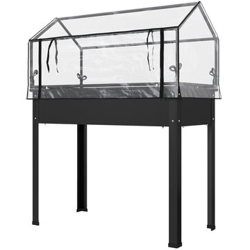 Outsunny Elevated Raised Garden Bed with Greenhouse Cover, Black