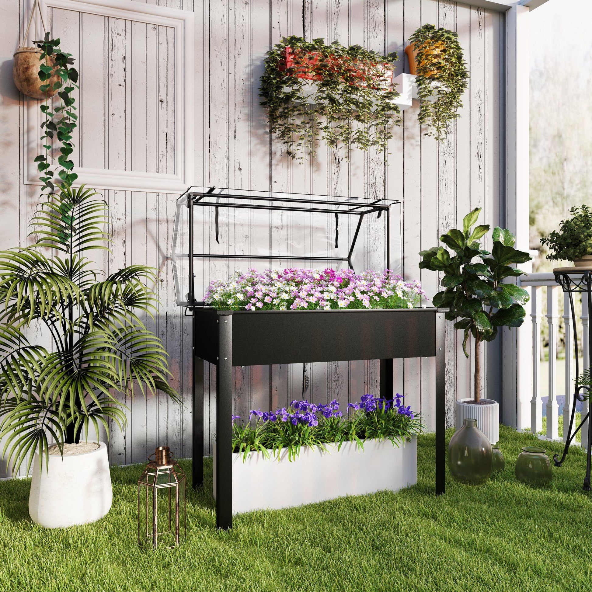 Outsunny Elevated Raised Garden Bed with Greenhouse Cover, Black