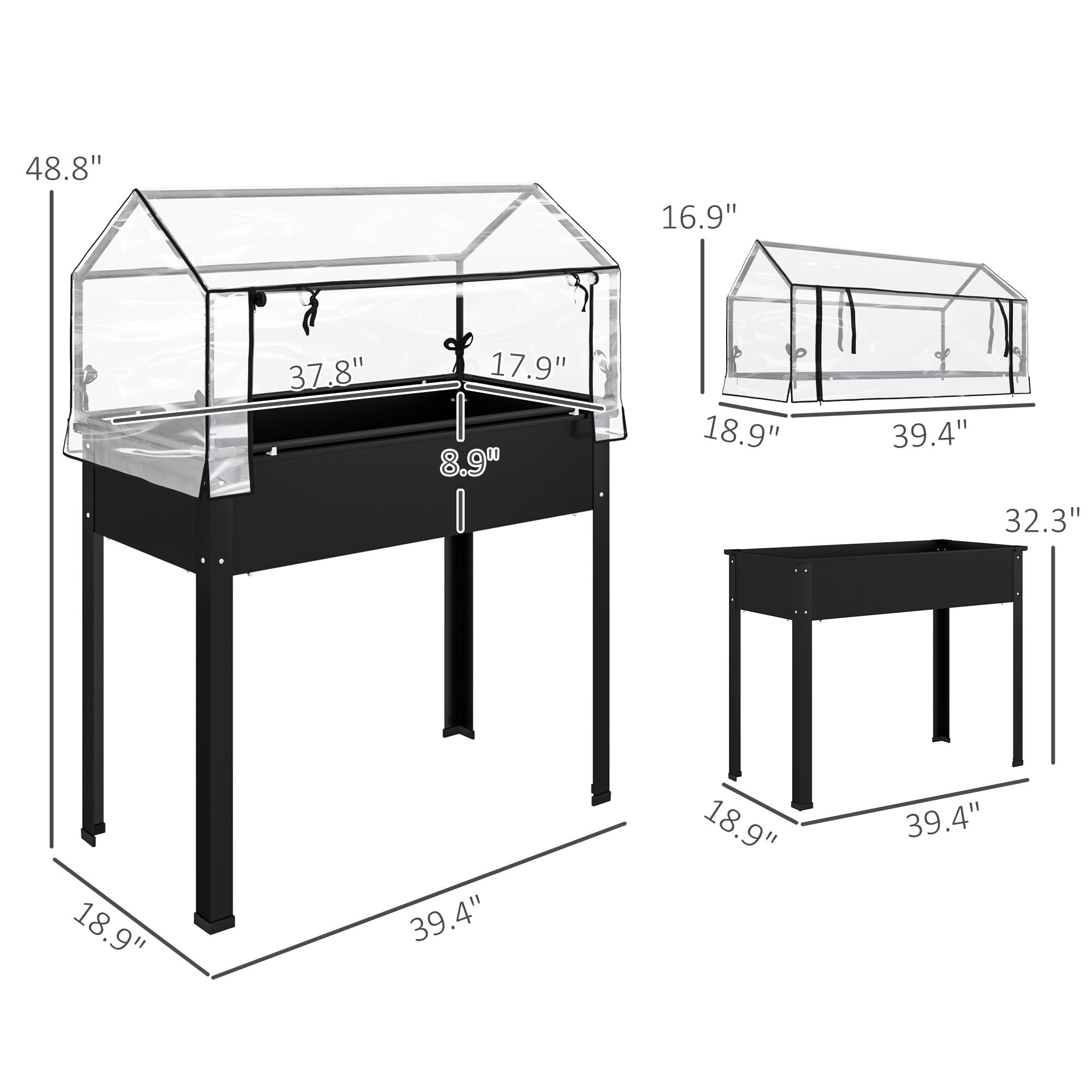 Outsunny Elevated Raised Garden Bed with Greenhouse Cover, Black