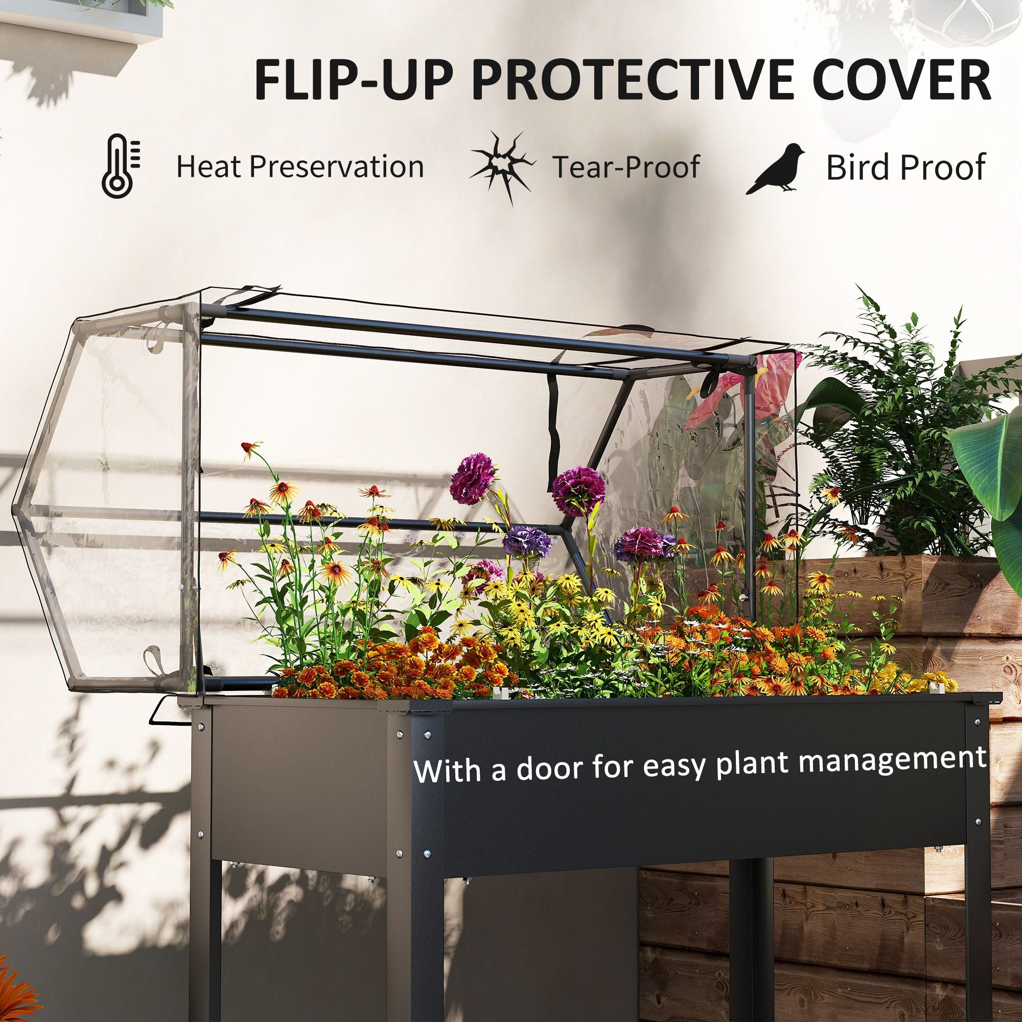 Outsunny Elevated Raised Garden Bed with Greenhouse Cover, Black