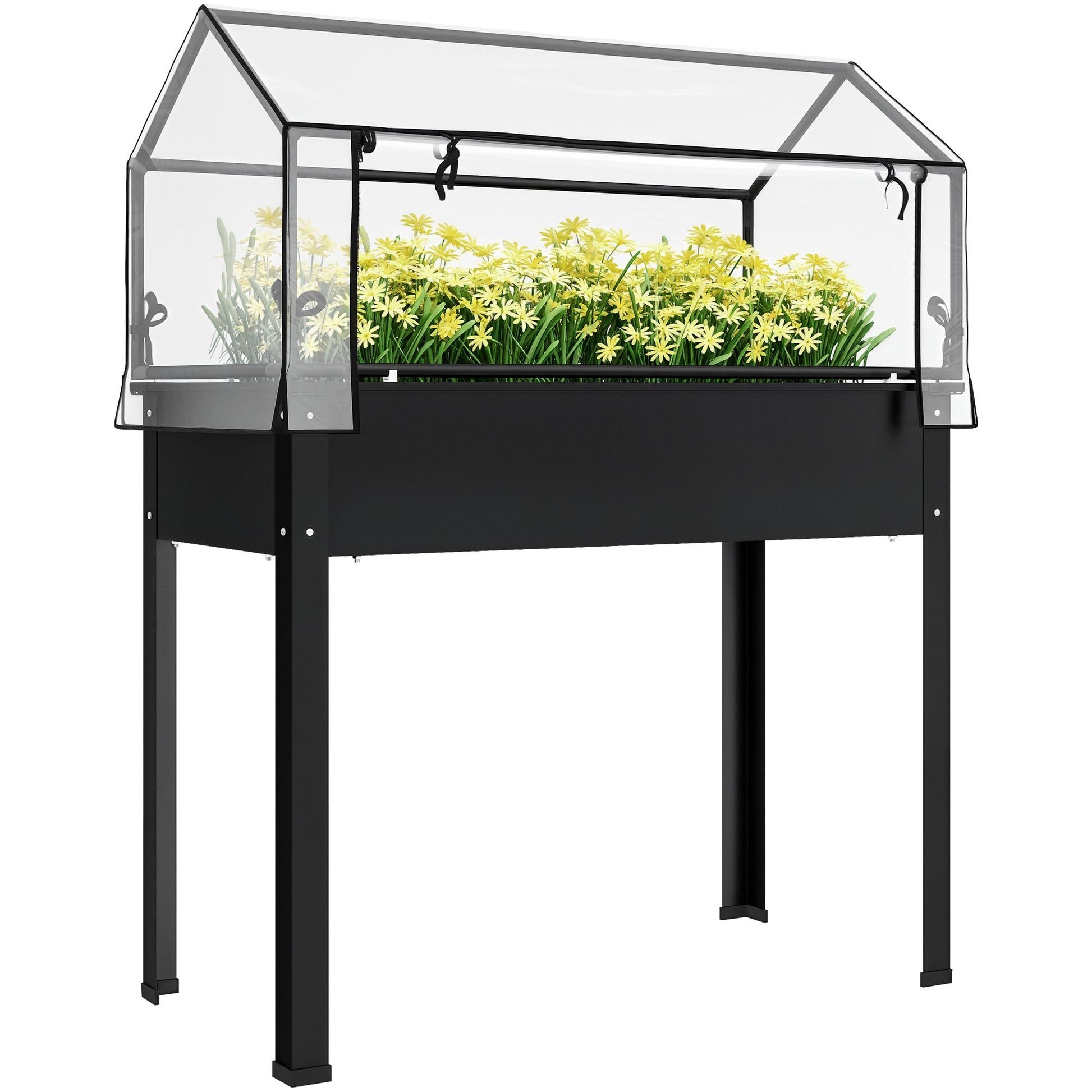 Outsunny Elevated Raised Garden Bed with Greenhouse Cover, Black