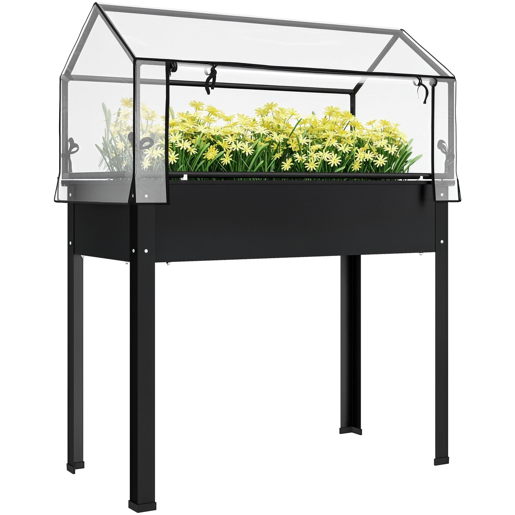 Outsunny Elevated Raised Garden Bed with Greenhouse Cover, Black