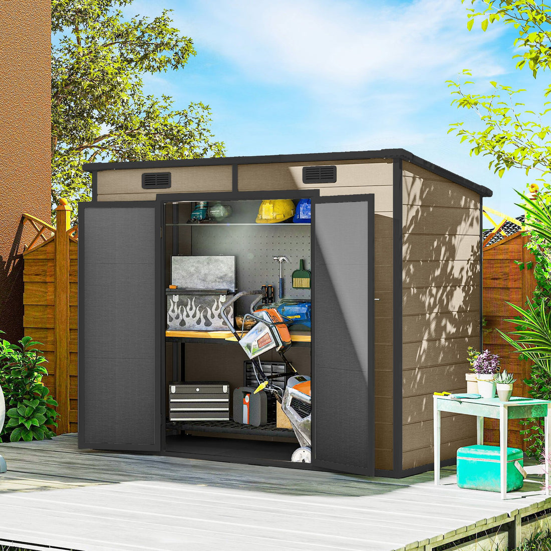 Outsunny 8 x 4 ft Plastic Outdoor Storage Shed with Floor, Light Brown