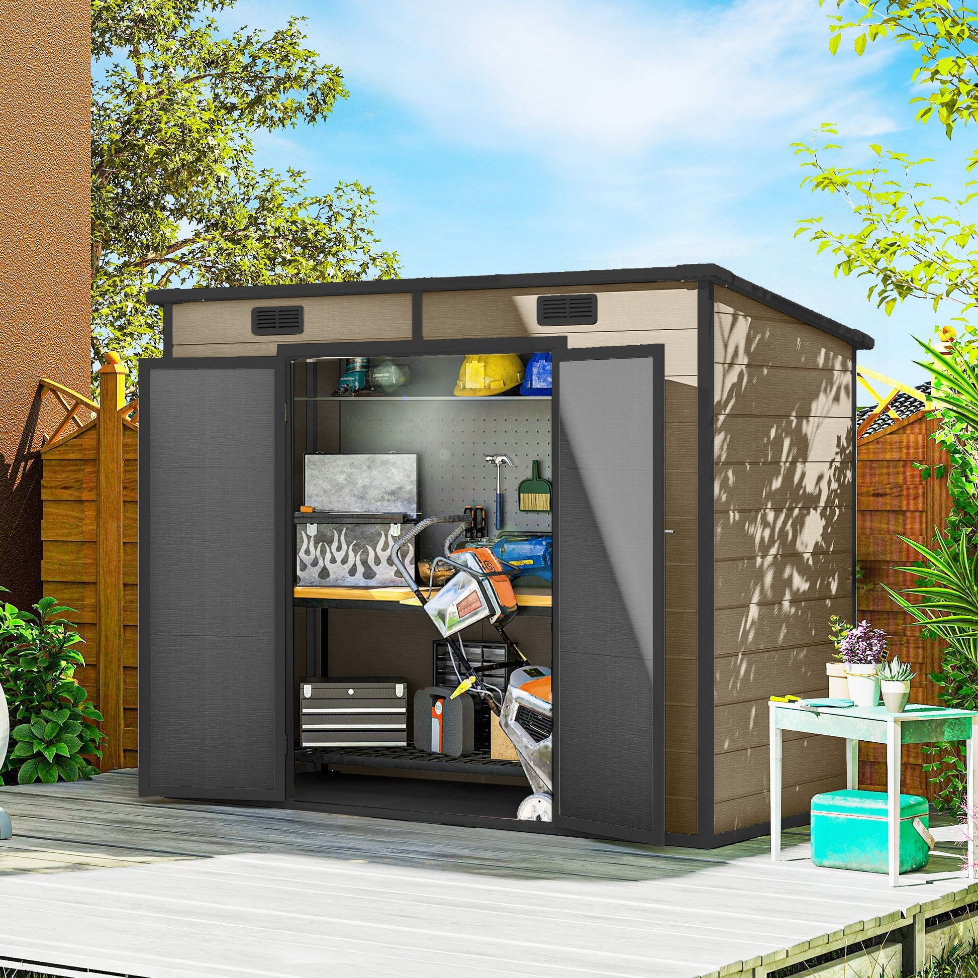 Outsunny 8 x 4 ft Plastic Outdoor Storage Shed with Floor, Light Brown
