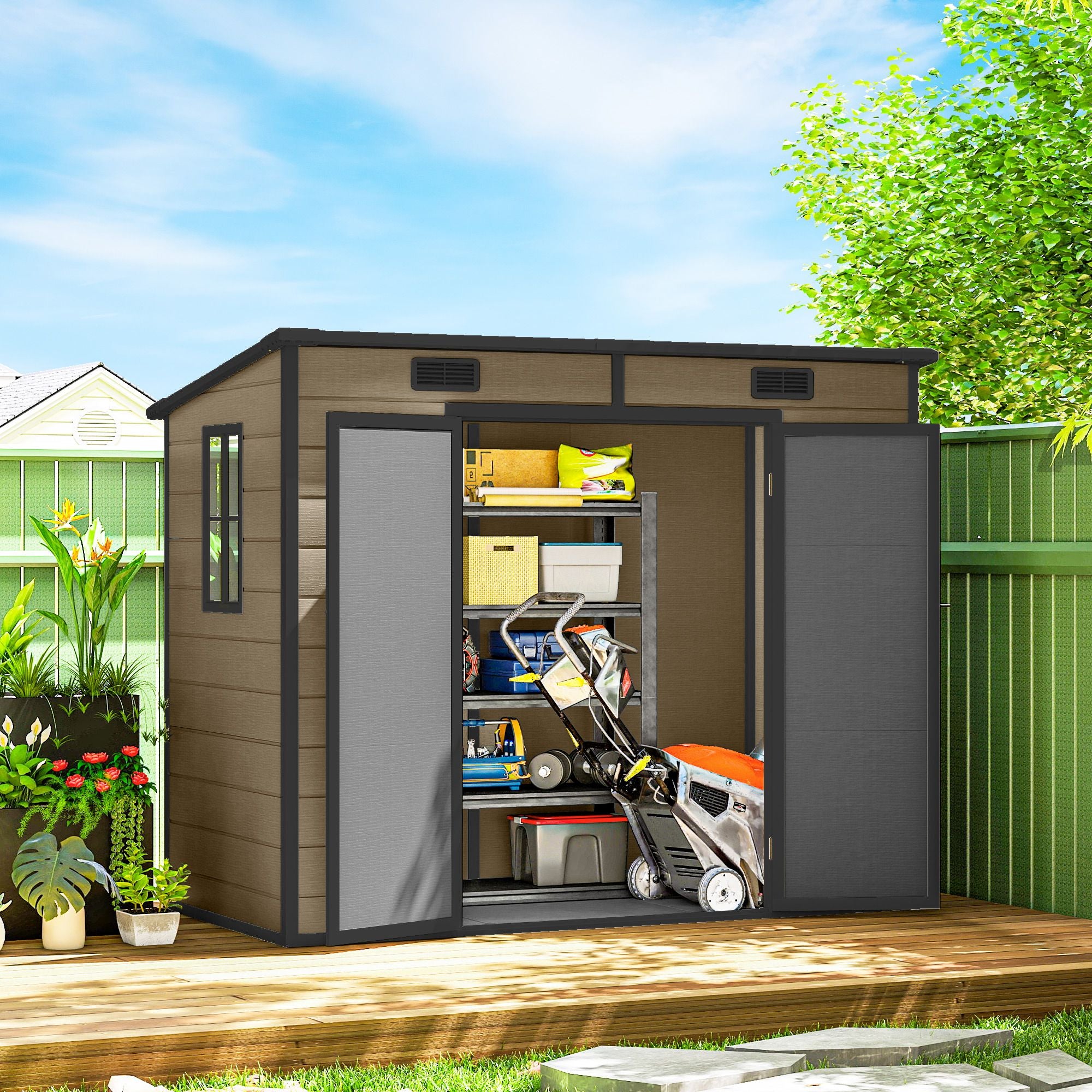 Outsunny 8 x 4 ft Plastic Outdoor Storage Shed with Floor, Light Brown