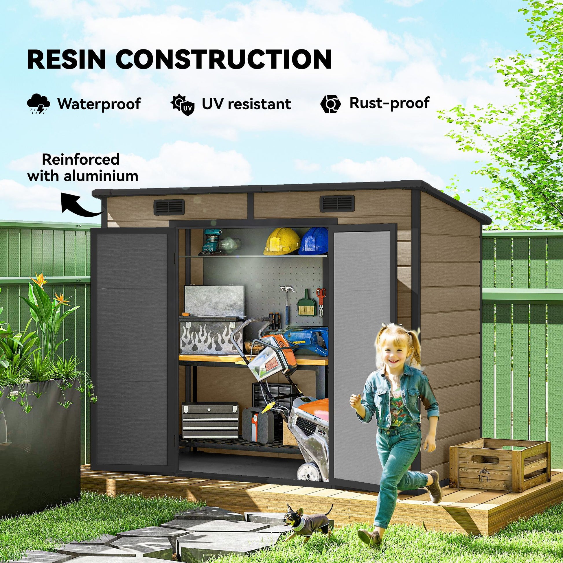 Outsunny 8 x 4 ft Plastic Outdoor Storage Shed with Floor, Light Brown