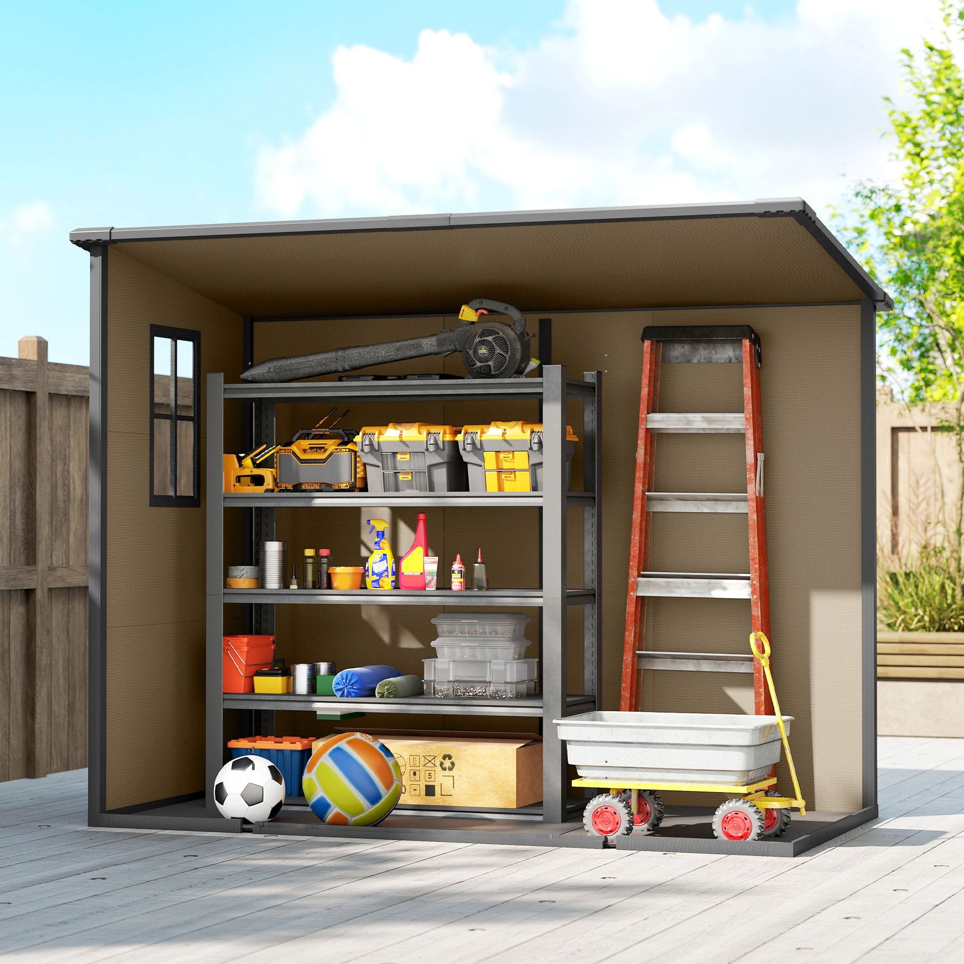 Outsunny 8 x 4 ft Plastic Outdoor Storage Shed with Floor, Light Brown