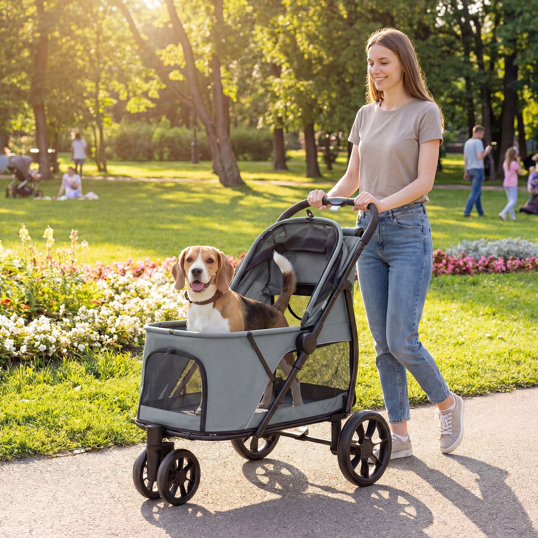 PawHut 3-Wheel Foldable Pet Stroller with Mesh Windows and Cushion, Gray