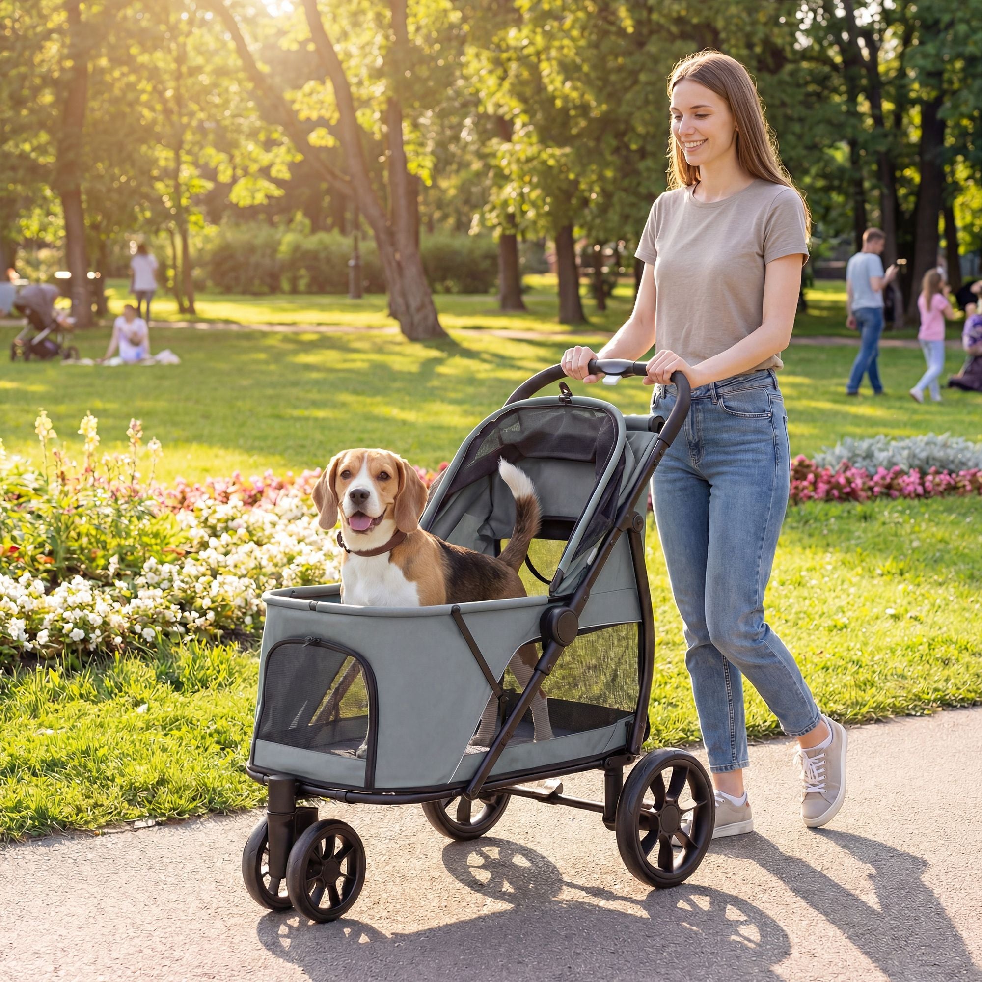 PawHut 3-Wheel Foldable Pet Stroller with Mesh Windows and Cushion, Gray - product view 2