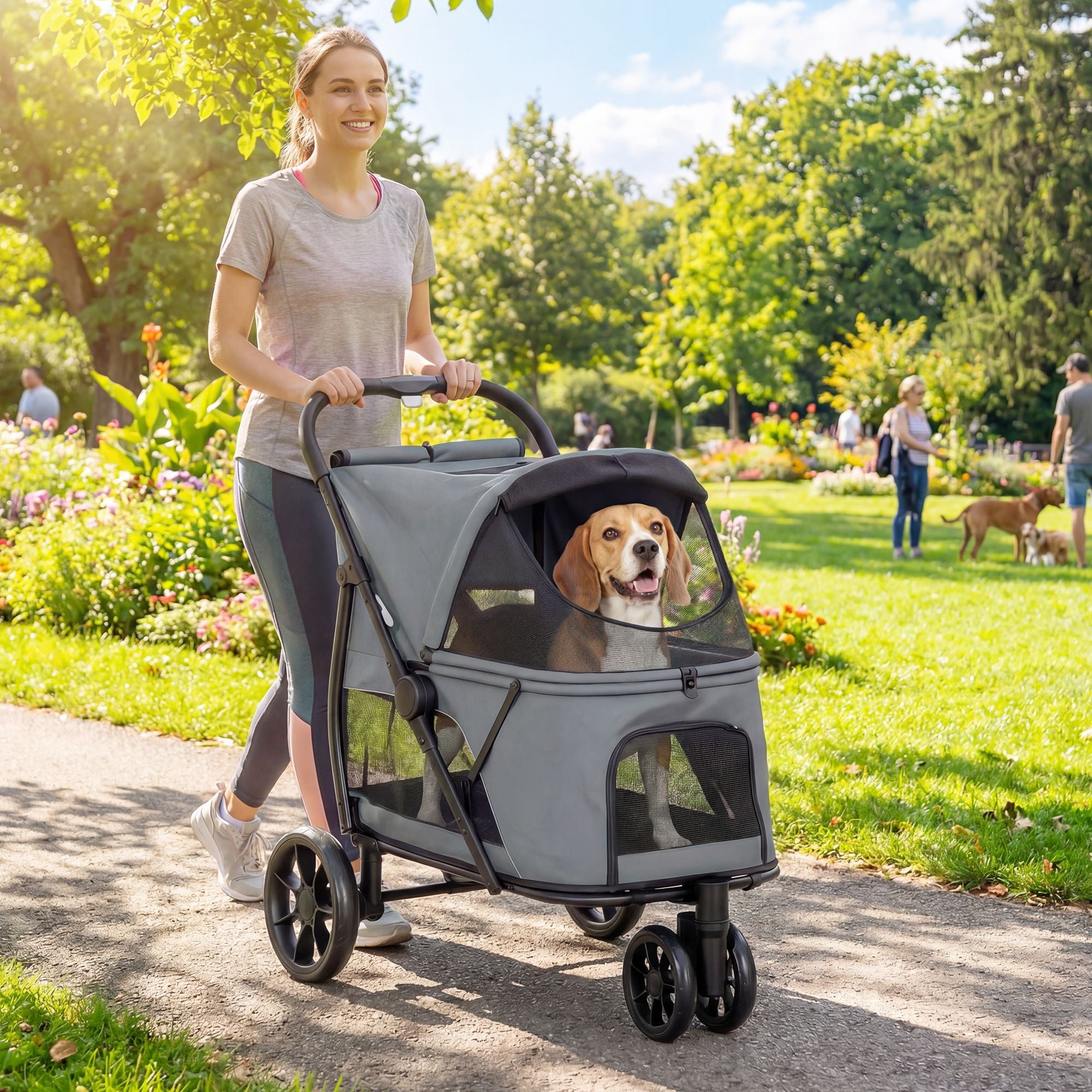 PawHut 3-Wheel Foldable Pet Stroller with Mesh Windows and Cushion, Gray - product view 10