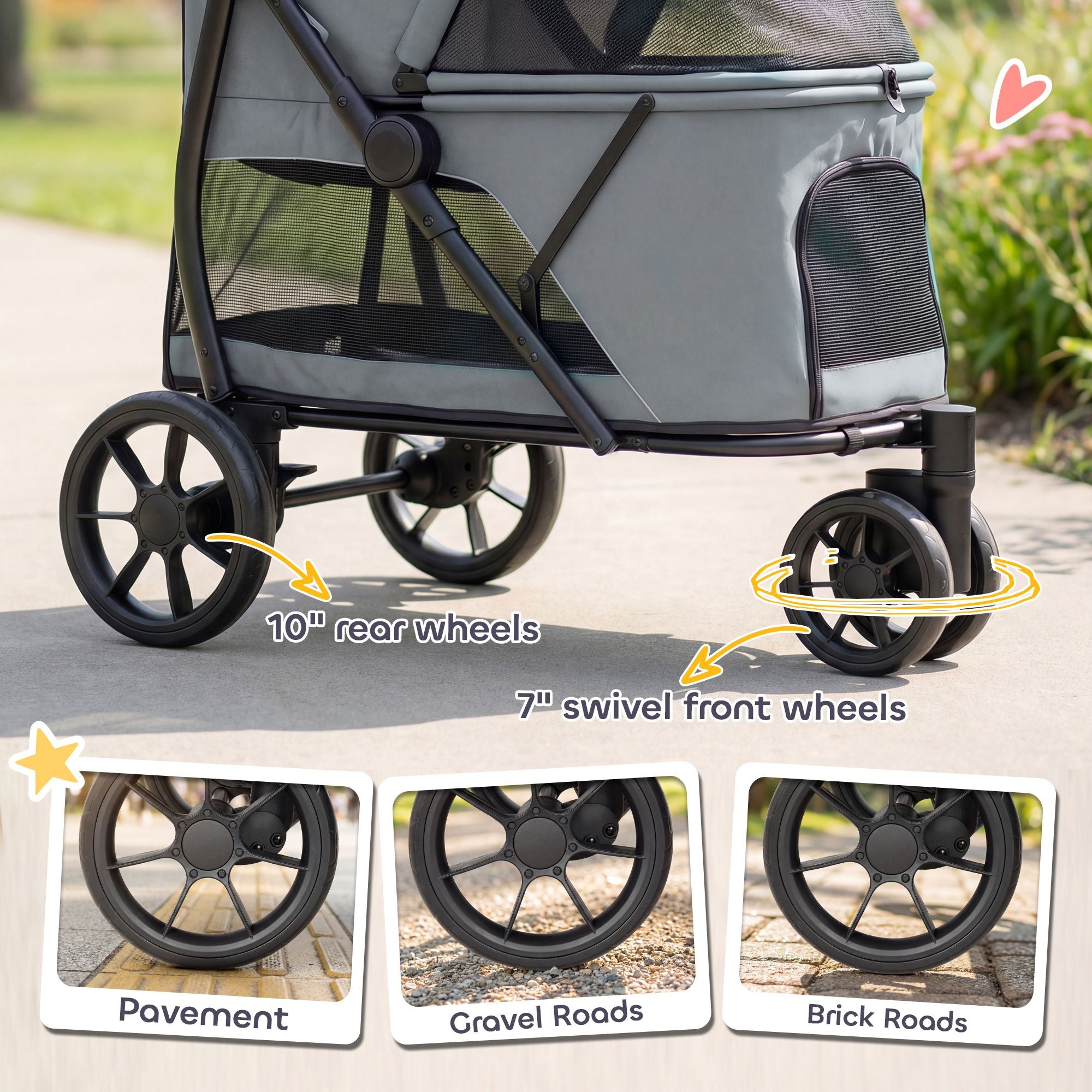 PawHut 3-Wheel Foldable Pet Stroller with Mesh Windows and Cushion, Gray - product view 5