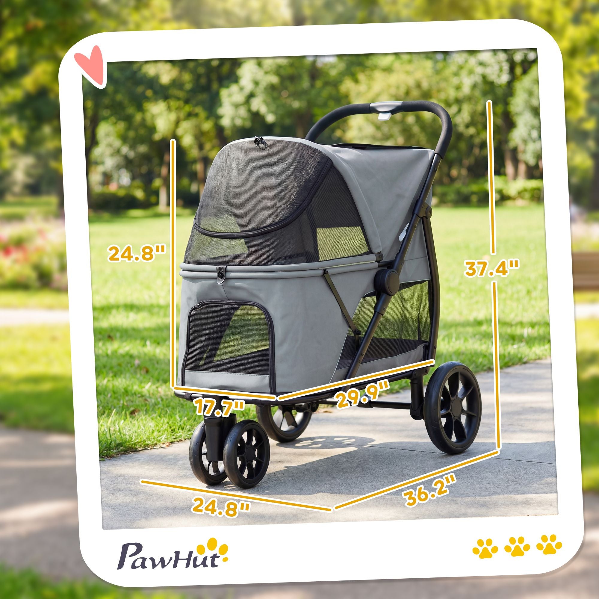 PawHut 3-Wheel Foldable Pet Stroller with Mesh Windows and Cushion, Gray - product view 3