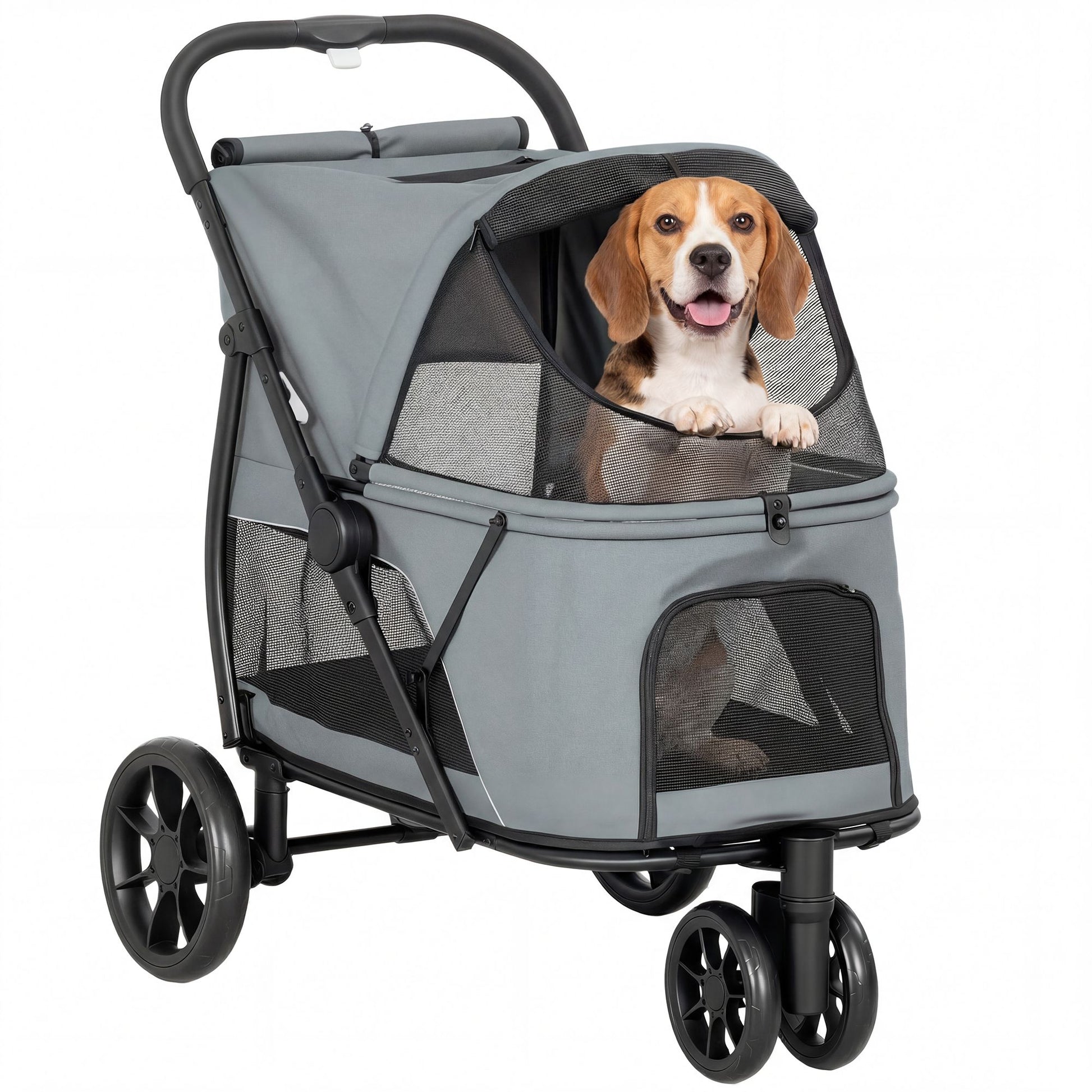 PawHut 3-Wheel Foldable Pet Stroller with Mesh Windows and Cushion, Gray - product view 11