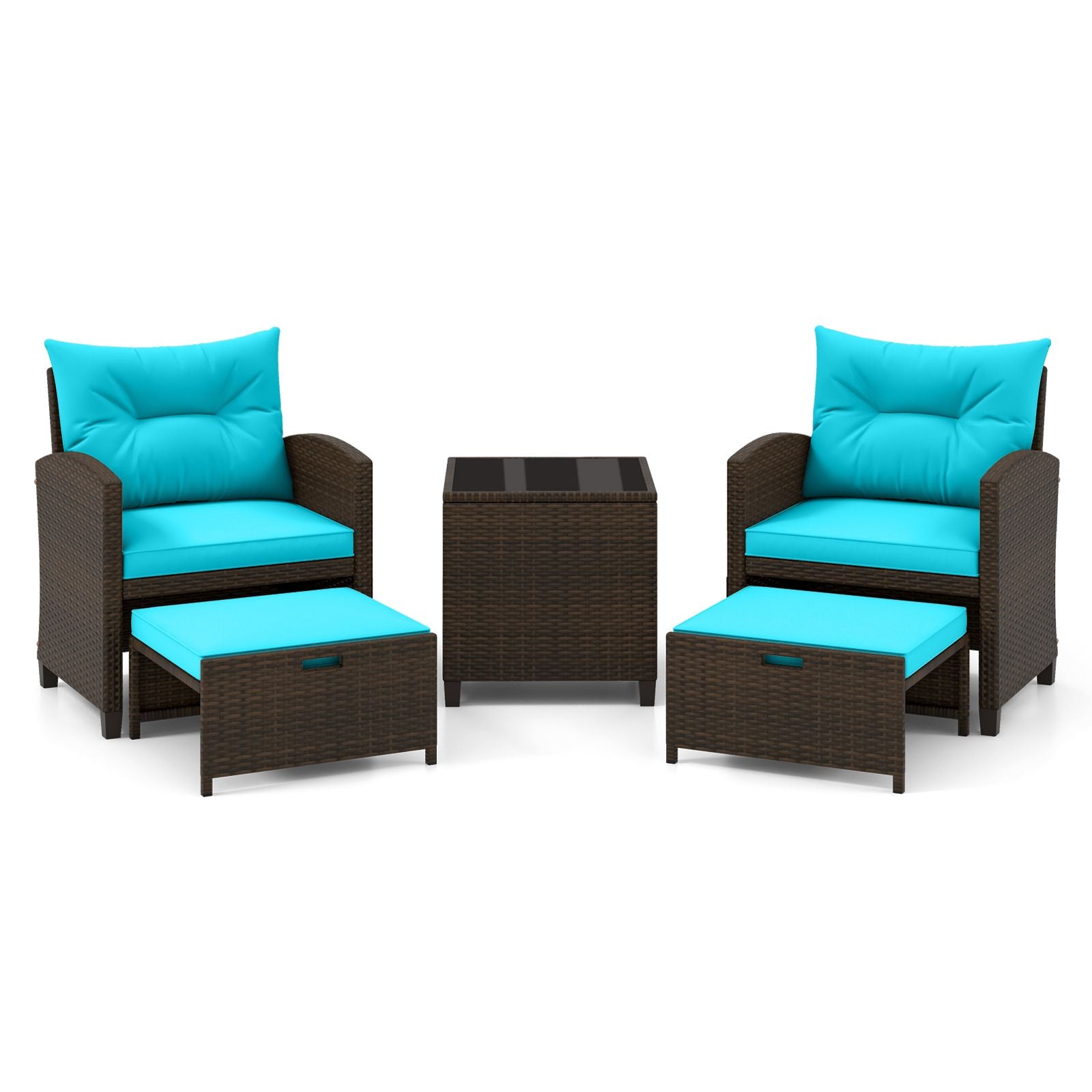 5 Pieces Patio Rattan Furniture with 2 Ottomans and Tempered Glass Coffee Table