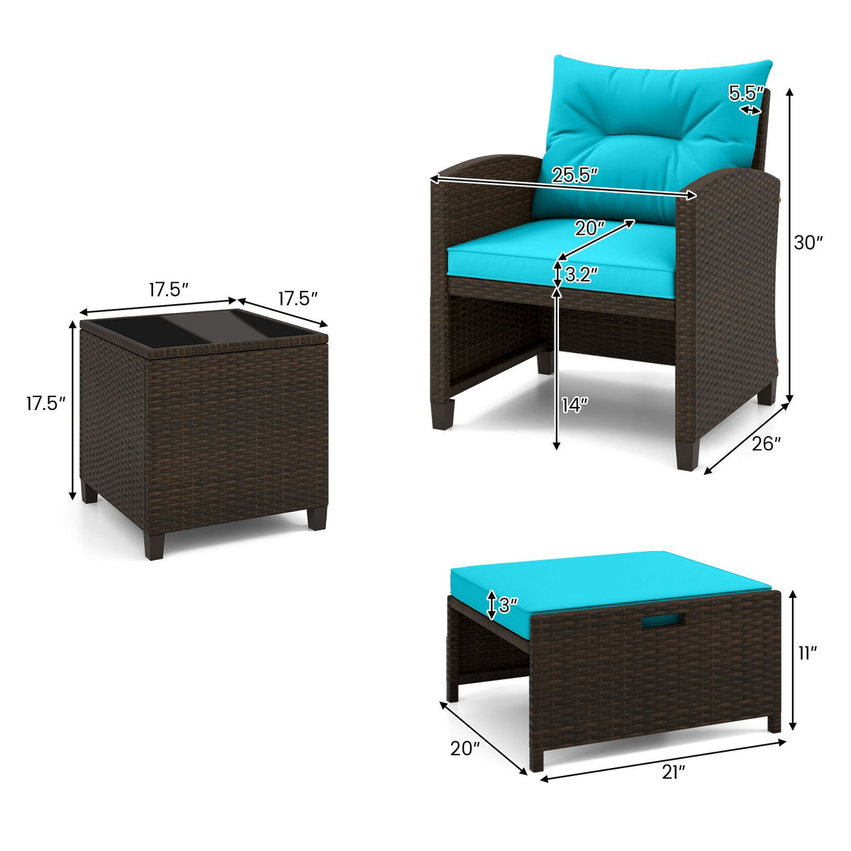5 Pieces Patio Rattan Furniture with 2 Ottomans and Tempered Glass Coffee Table