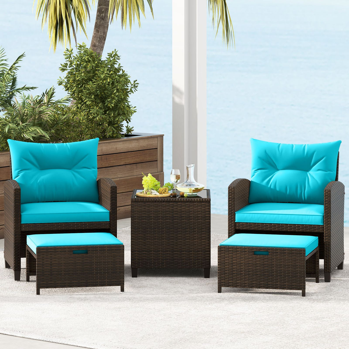 5 Pieces Patio Rattan Furniture with 2 Ottomans and Tempered Glass Coffee Table