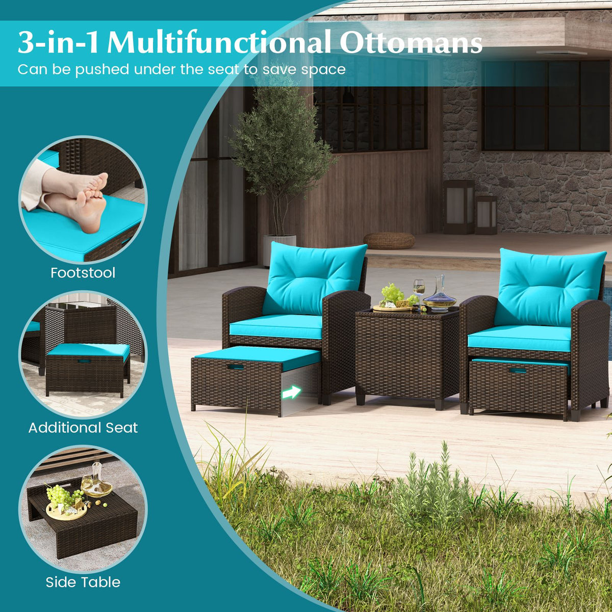 5 Pieces Patio Rattan Furniture with 2 Ottomans and Tempered Glass Coffee Table