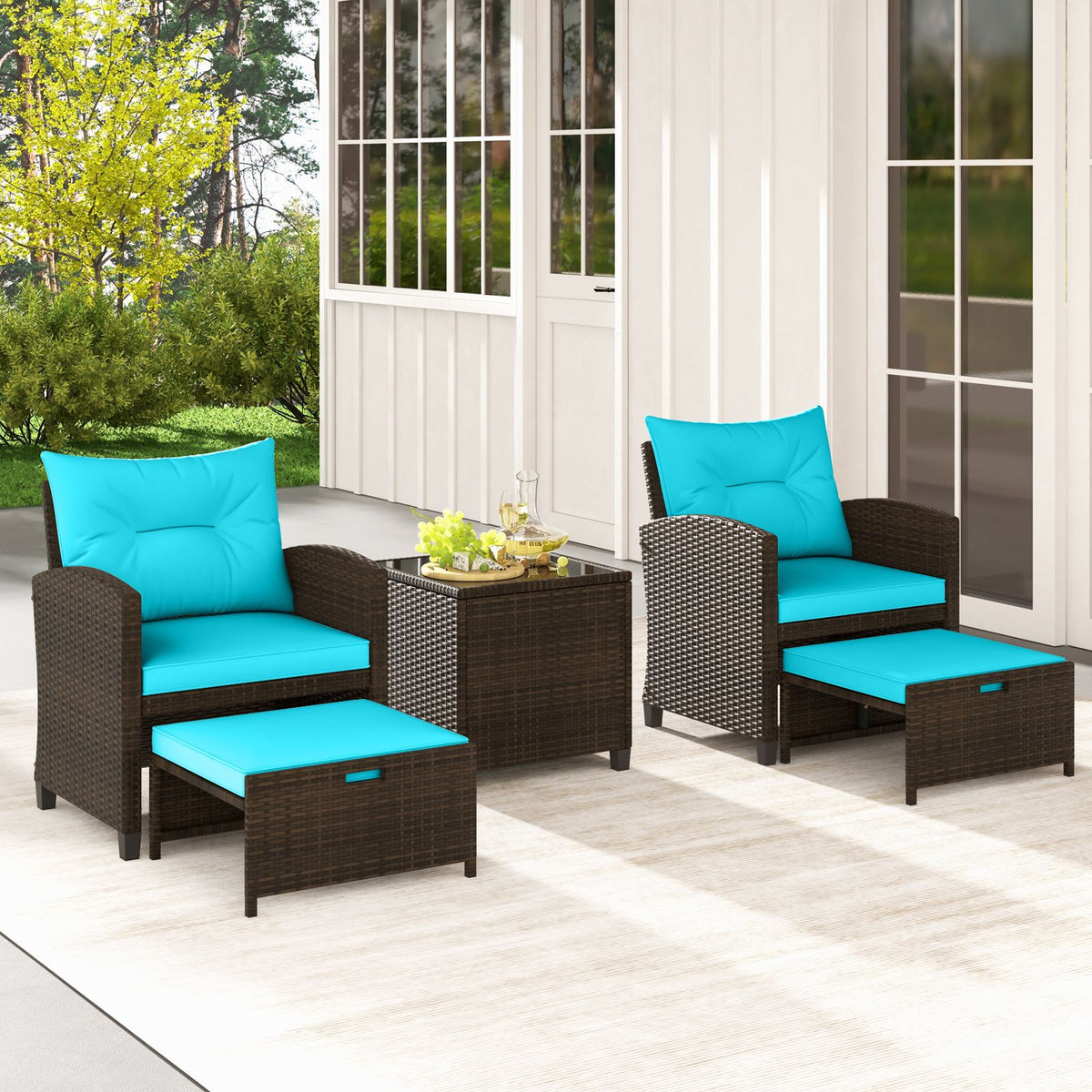 5 Pieces Patio Rattan Furniture with 2 Ottomans and Tempered Glass Coffee Table