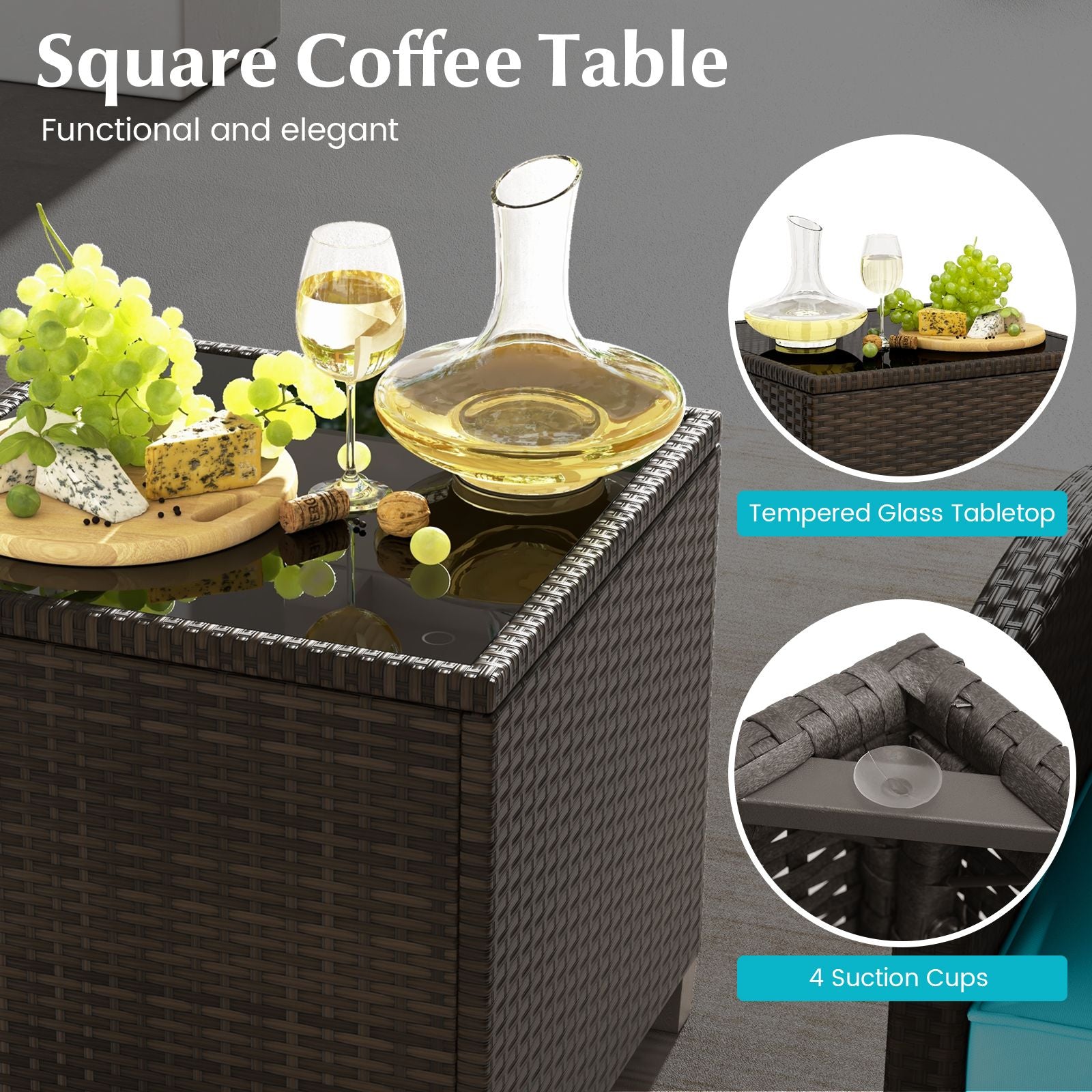 5 Pieces Patio Rattan Furniture with 2 Ottomans and Tempered Glass Coffee Table