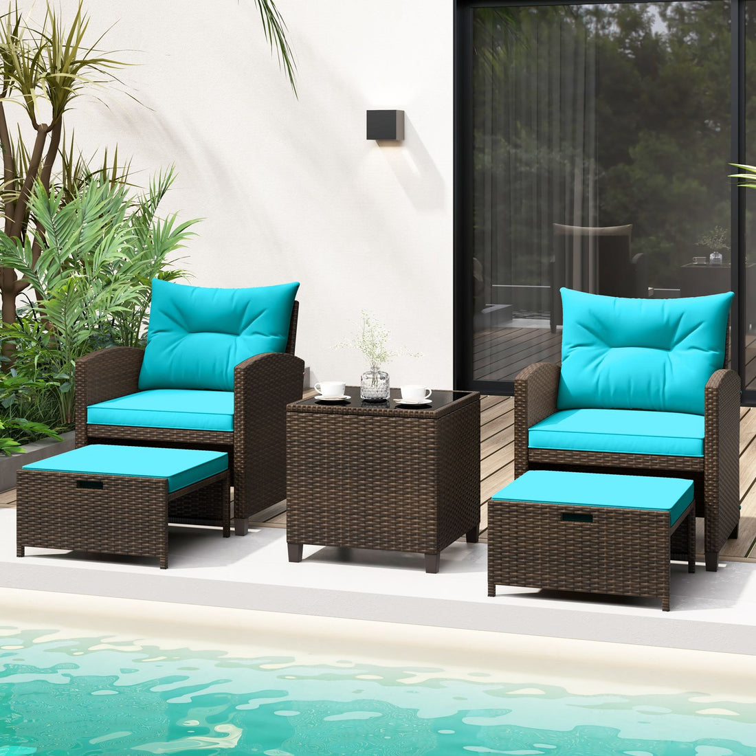 5 Pieces Patio Rattan Furniture with 2 Ottomans and Tempered Glass Coffee Table - Turquoise