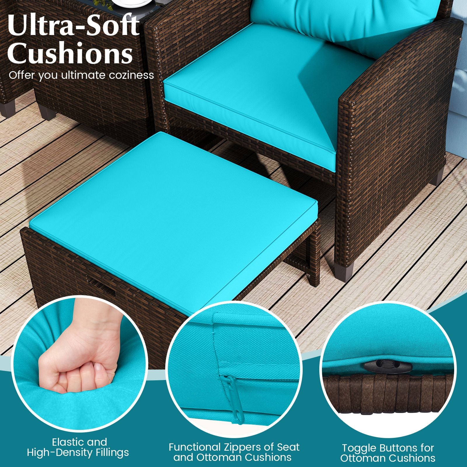 5 Pieces Patio Rattan Furniture with 2 Ottomans and Tempered Glass Coffee Table