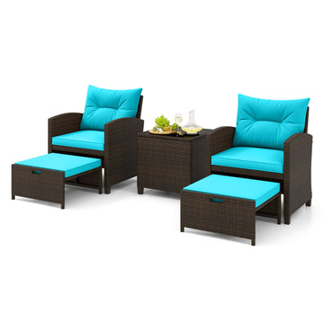 5 Pieces Patio Rattan Furniture with 2 Ottomans and Tempered Glass Coffee Table - Turquoise