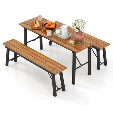 Outdoor Dining Table and Bench Set with Acacia Wood Top for Yard Garden Poolside - Natural