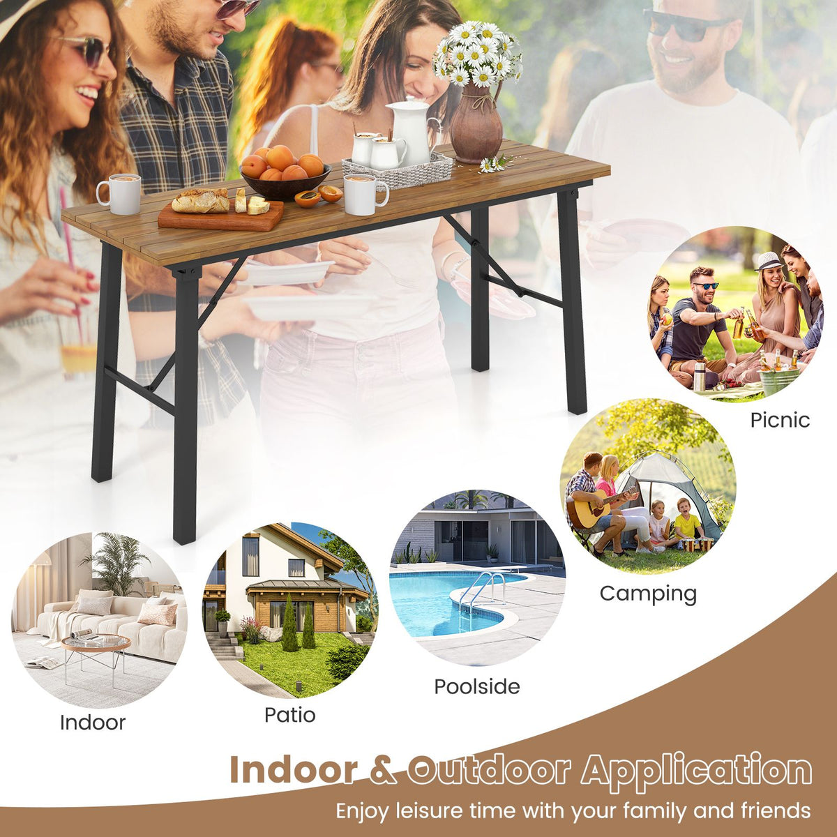 Outdoor Dining Table and Bench Set with Acacia Wood Top for Yard Garden Poolside