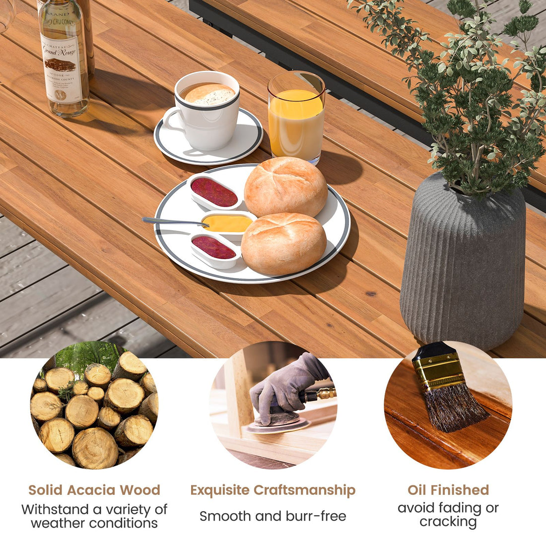 Outdoor Dining Table and Bench Set with Acacia Wood Top for Yard Garden Poolside - Natural