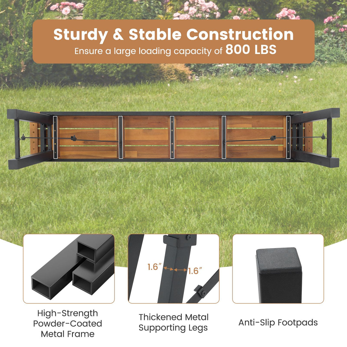 Outdoor Dining Table and Bench Set with Acacia Wood Top for Yard Garden Poolside