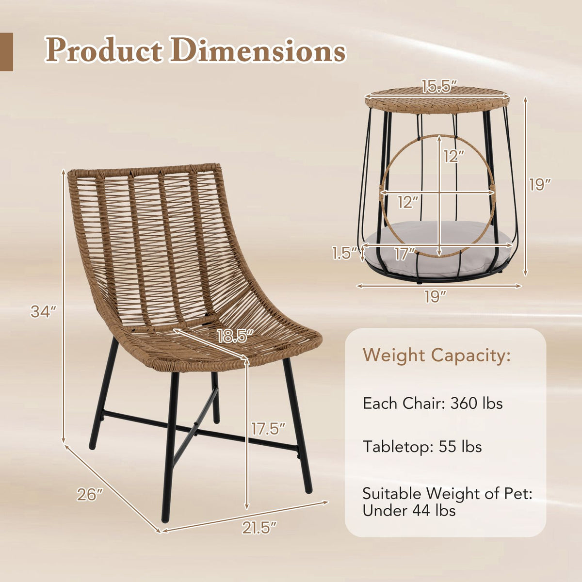 3 Piece Outdoor Furniture Set with Pet Housefor Patio Yard