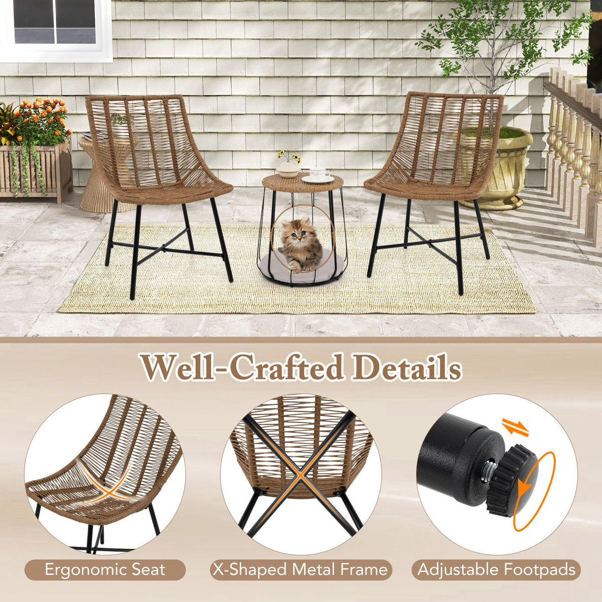 3 Piece Outdoor Furniture Set with Pet Housefor Patio Yard