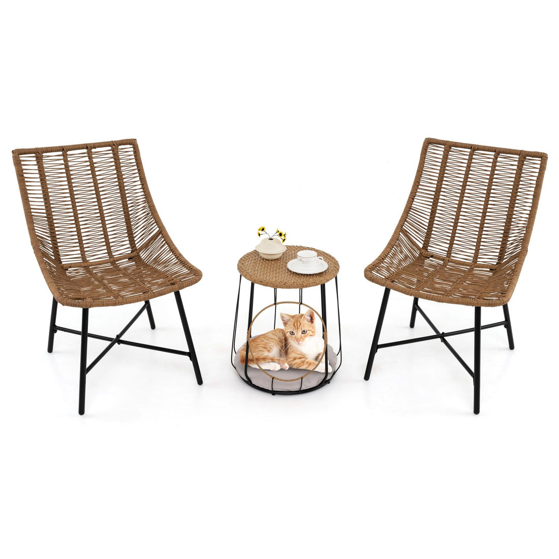 3 Piece Outdoor Furniture Set with Pet Housefor Patio Yard - Light Brown