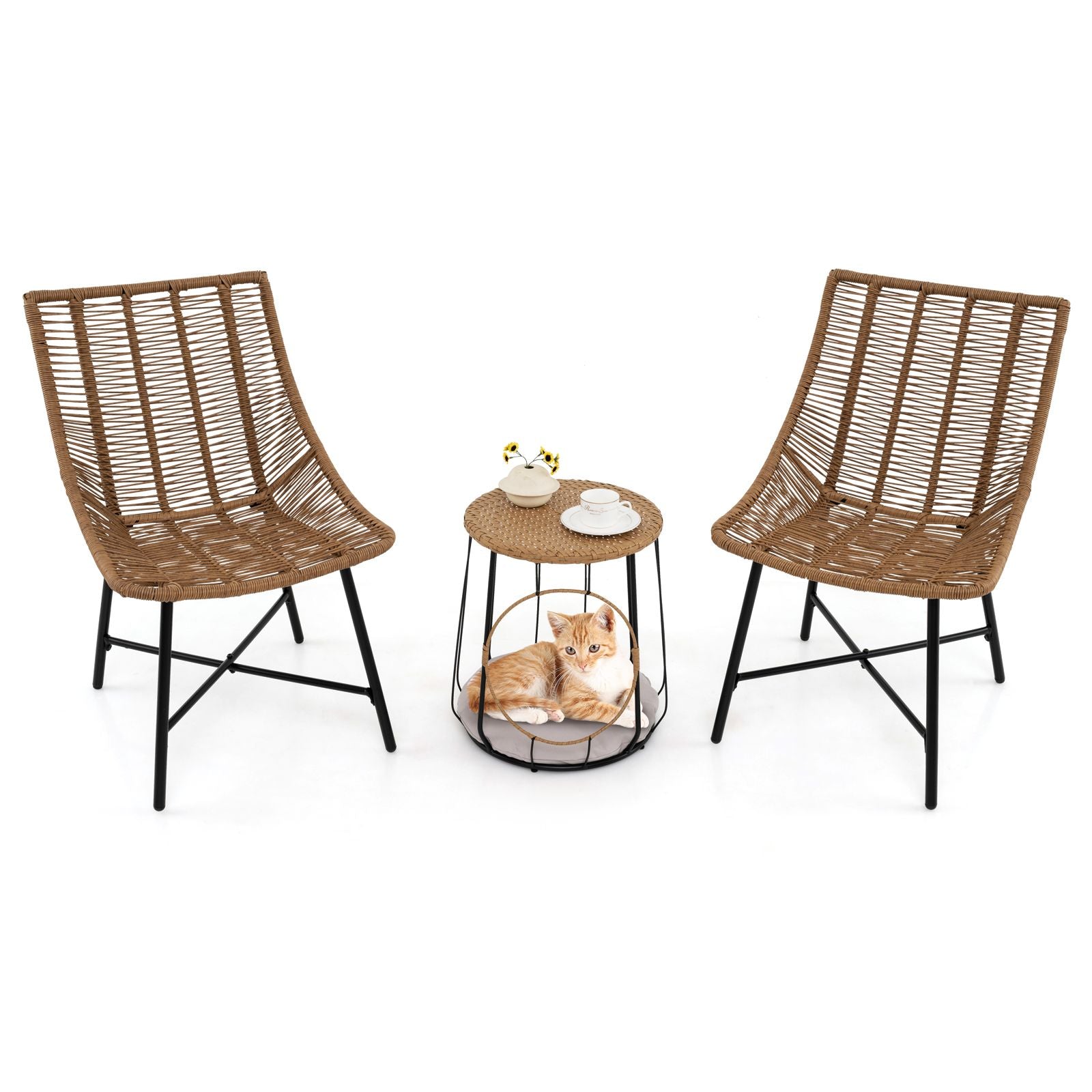 3 Piece Outdoor Furniture Set with Pet Housefor Patio Yard - Light Brown