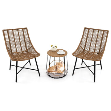3 Piece Outdoor Furniture Set with Pet Housefor Patio Yard - Light Brown