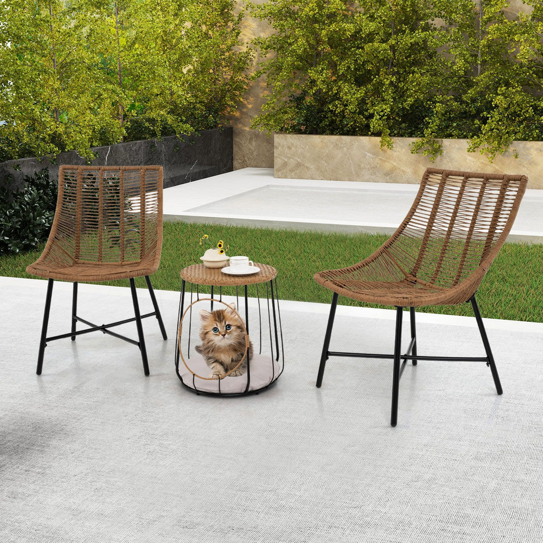 3 Piece Outdoor Furniture Set with Pet Housefor Patio Yard - Light Brown