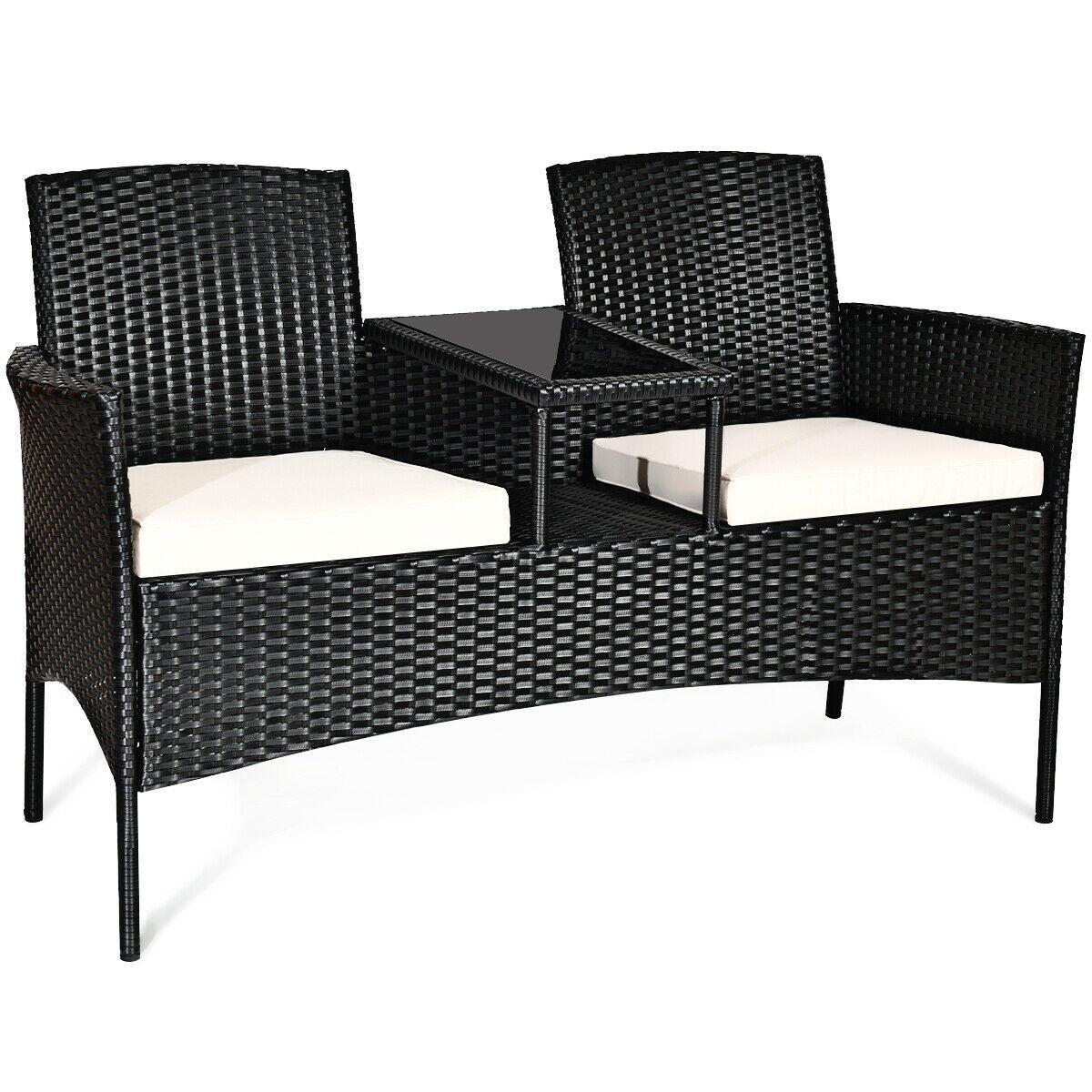 Wicker Patio Conversation Furniture Set with Removable Cushions and Table - White