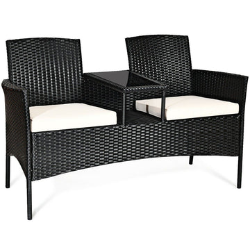 Wicker Patio Conversation Furniture Set with Removable Cushions and Table - White