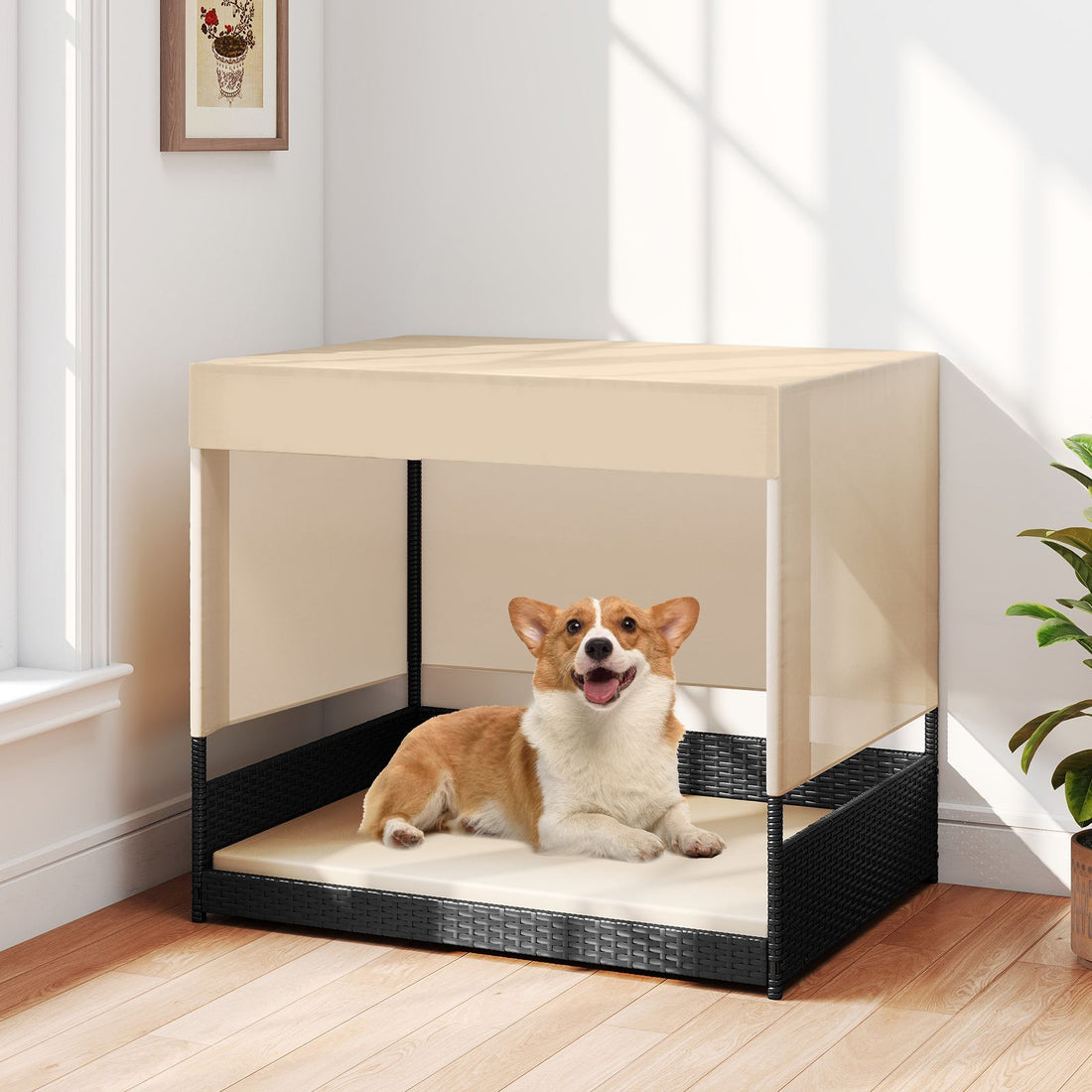 Elevated Wicker Dog House for Small to Medium Breeds - Brown+Black