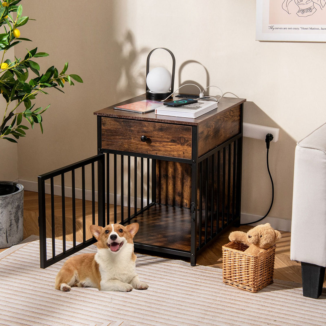 Dog Crate Furniture for Small Dogs Wooden Puppy Kennel with Charging Station - Black+Brown