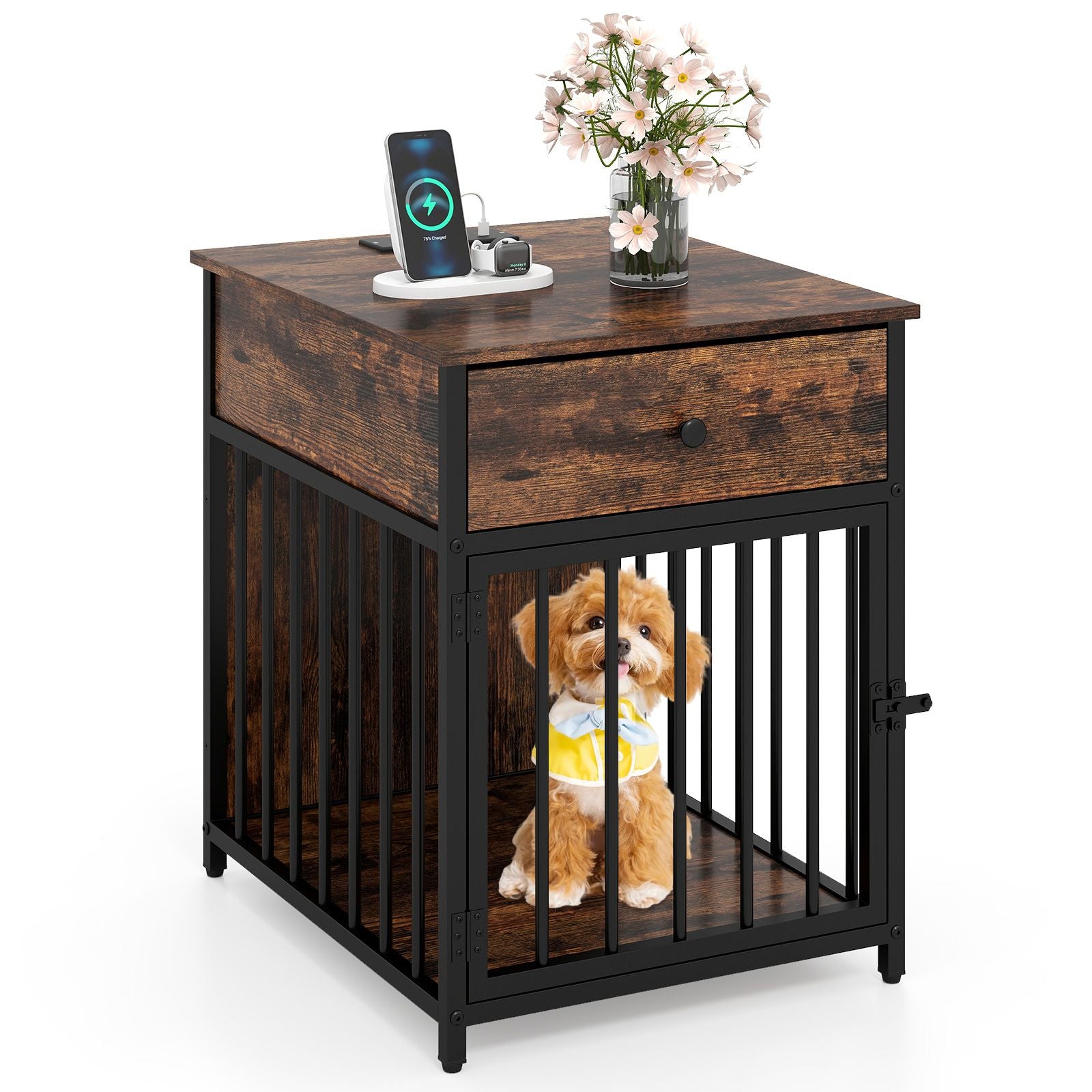Dog Crate Furniture for Small Dogs Wooden Puppy Kennel with Charging Station - Black+Brown