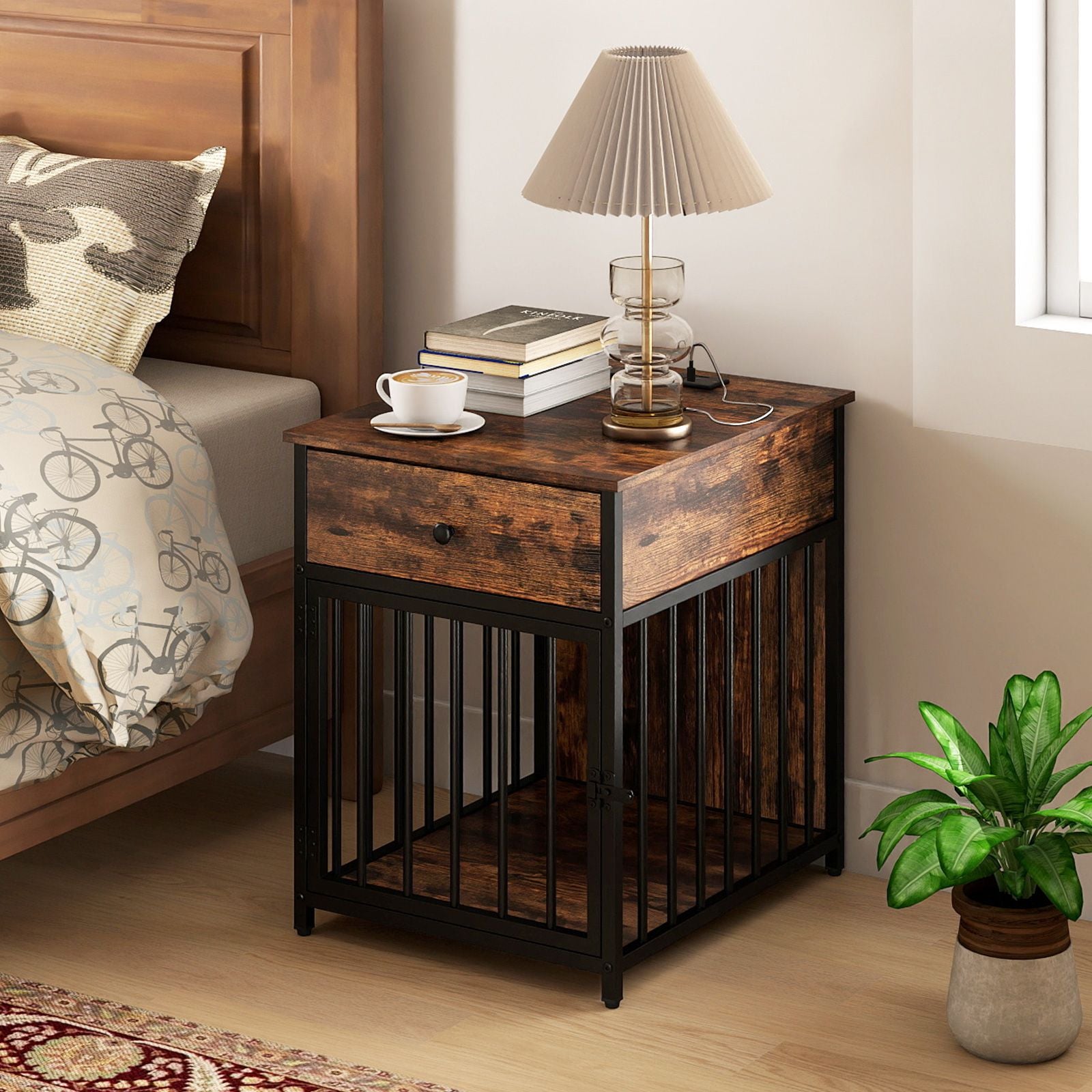 Dog Crate Furniture for Small Dogs Wooden Puppy Kennel with Charging Station