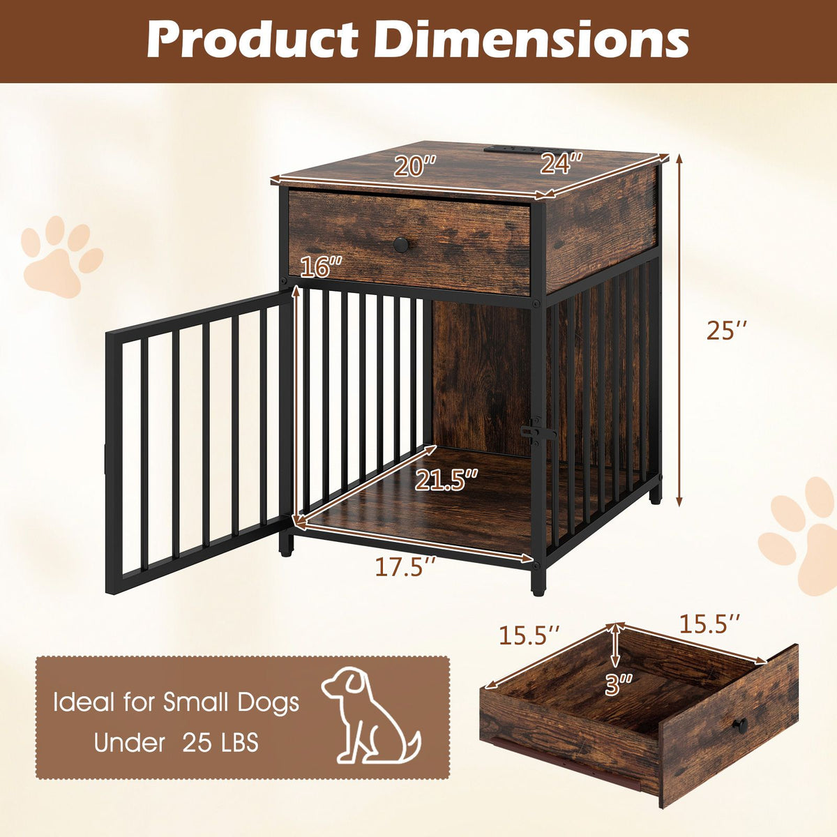 Dog Crate Furniture for Small Dogs Wooden Puppy Kennel with Charging Station