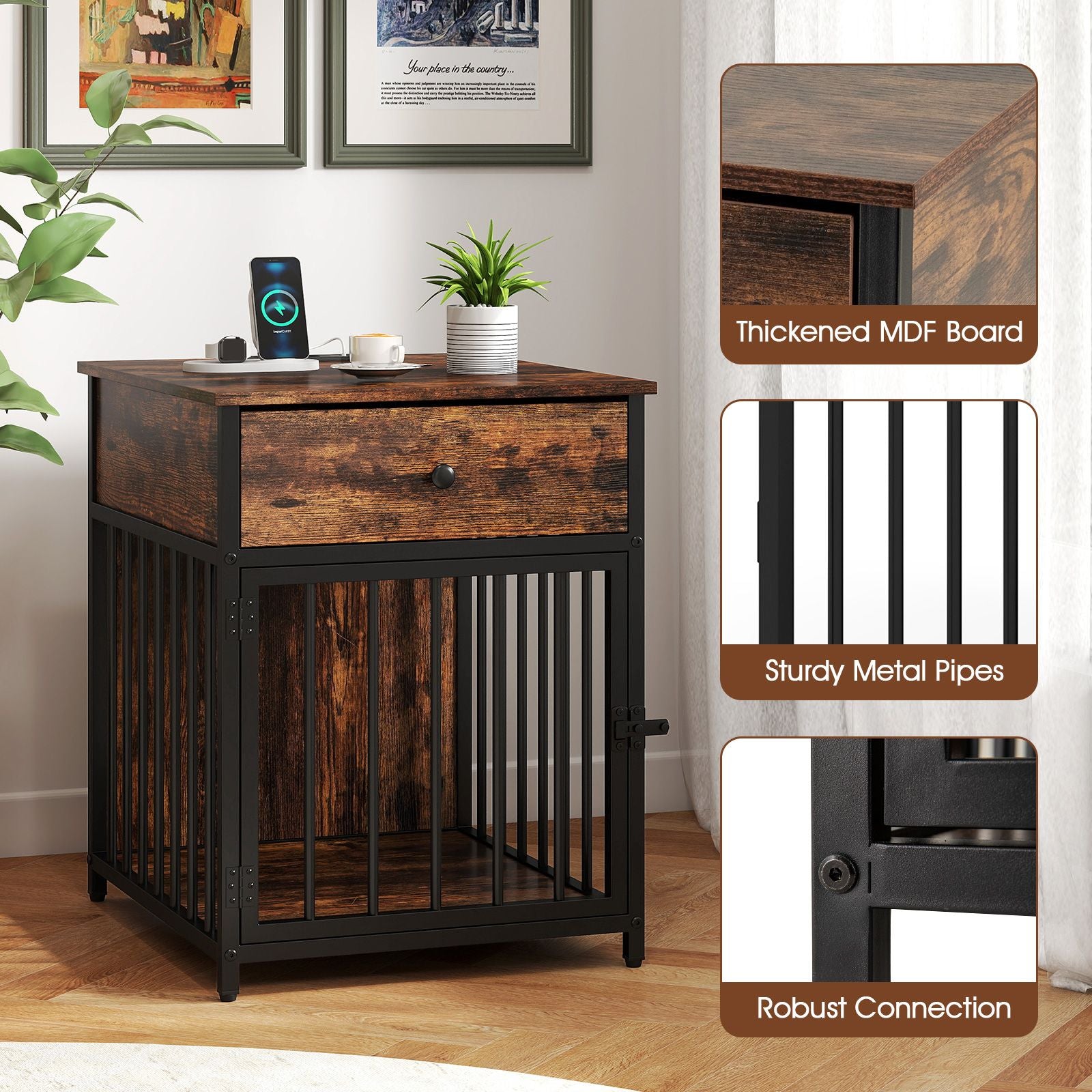 Dog Crate Furniture for Small Dogs Wooden Puppy Kennel with Charging Station