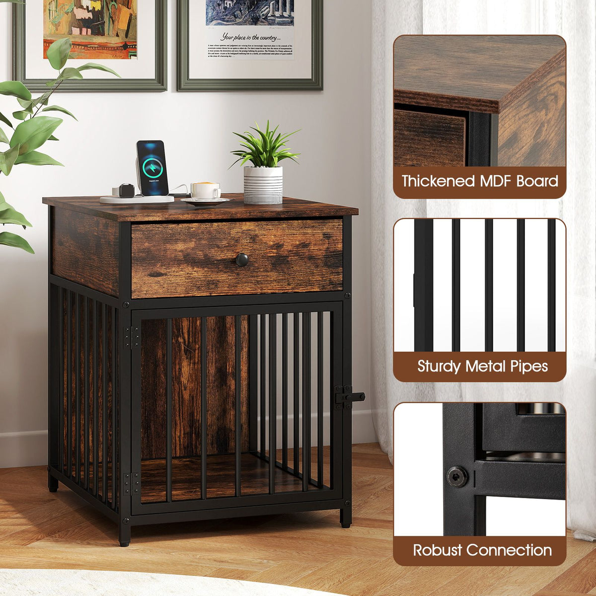 Dog Crate Furniture for Small Dogs Wooden Puppy Kennel with Charging Station