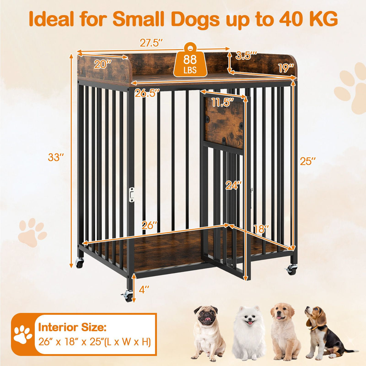 27.5 Inch Dog Crate Furniture with Wheels for Small Dogs and Puppies